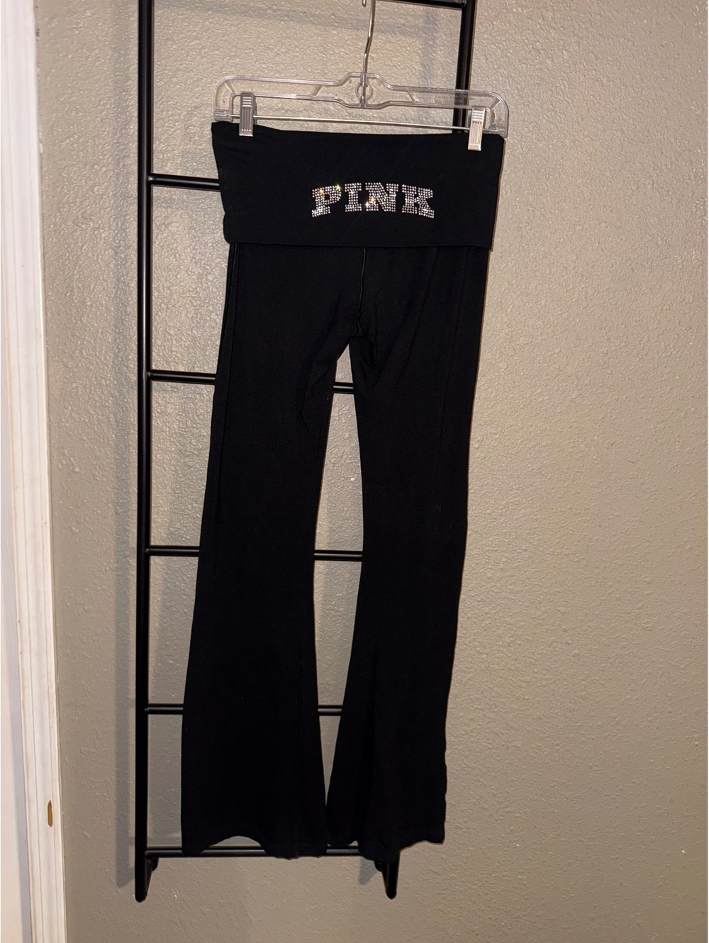 Victoria’s Secret PINK Black Foldover Flare Yoga Pants Rhinestone Logo Y2K XS